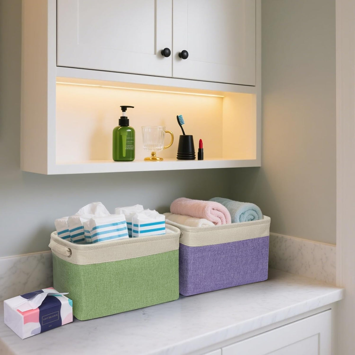 BALEINE 2 Pack Fabric Storage Bins for Shelves, Linen Storage Baskets for Organizing, Decorative Closet Bins for Clothes, Home (Green, 12"x8"x8")