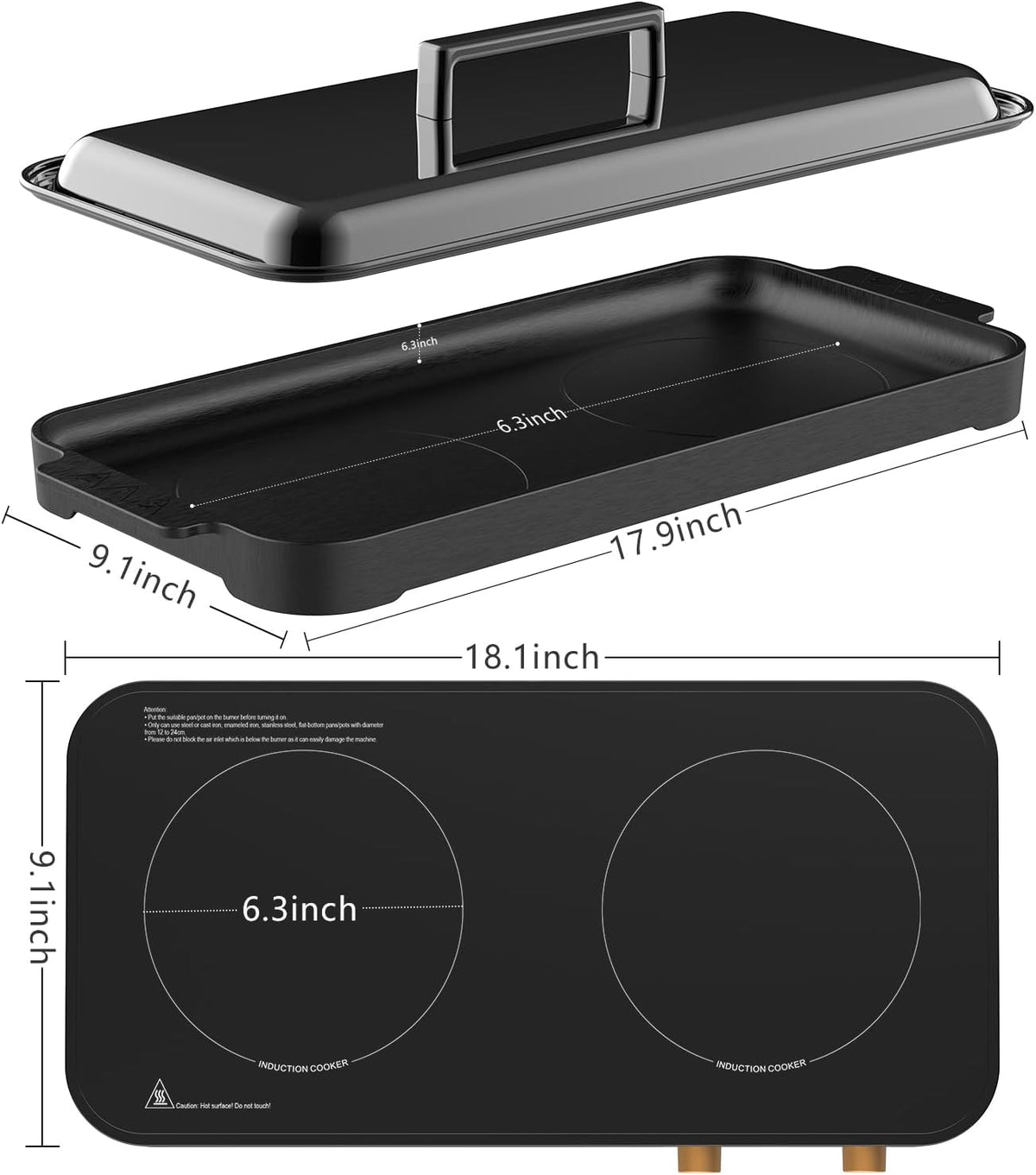 Induction cooker with 2 burners, detachable baking tray, non stick, temperature control option with timer, suitable for kitchen and outdoor barbecue
