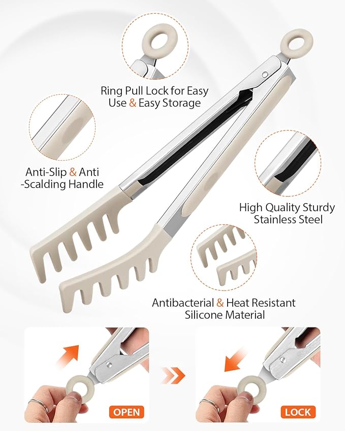 Silicone Spaghetti Spoon & Pasta Tong, Non-Stick Stainless Steel Handle Pasta Fork Set with Teeth, Food Clip for Easy Serving of Noodles (Khaki)