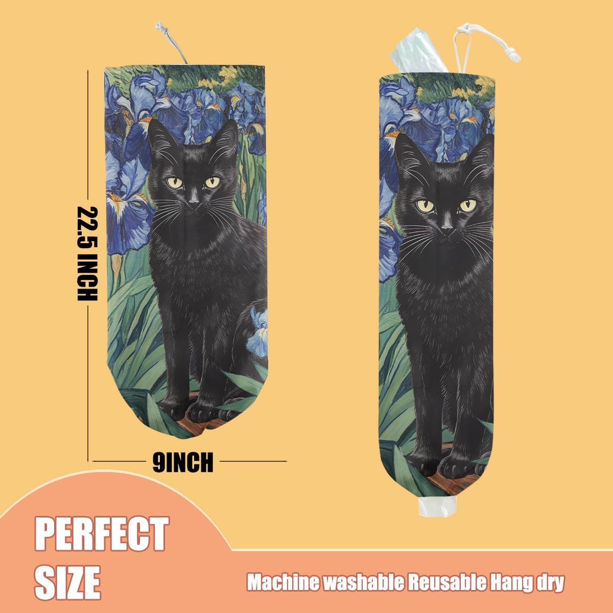 Flower Cat Plastic Bag Holder, Wall Mount Grocery Bag Holder, Plastic Storage bag, Pull Rope Free Adjustment, Plastic Bag Holders for Grocery Bags, Plastic Bag Dispenser for Home Kitchen