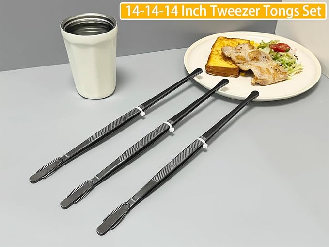 JETKONG 3 Pcs 14-Inch Long Stainless Steel Thin Tongs Heavy Duty Kitchen Cooking Tweezers Tongs (14 14 14 Inch, Black)