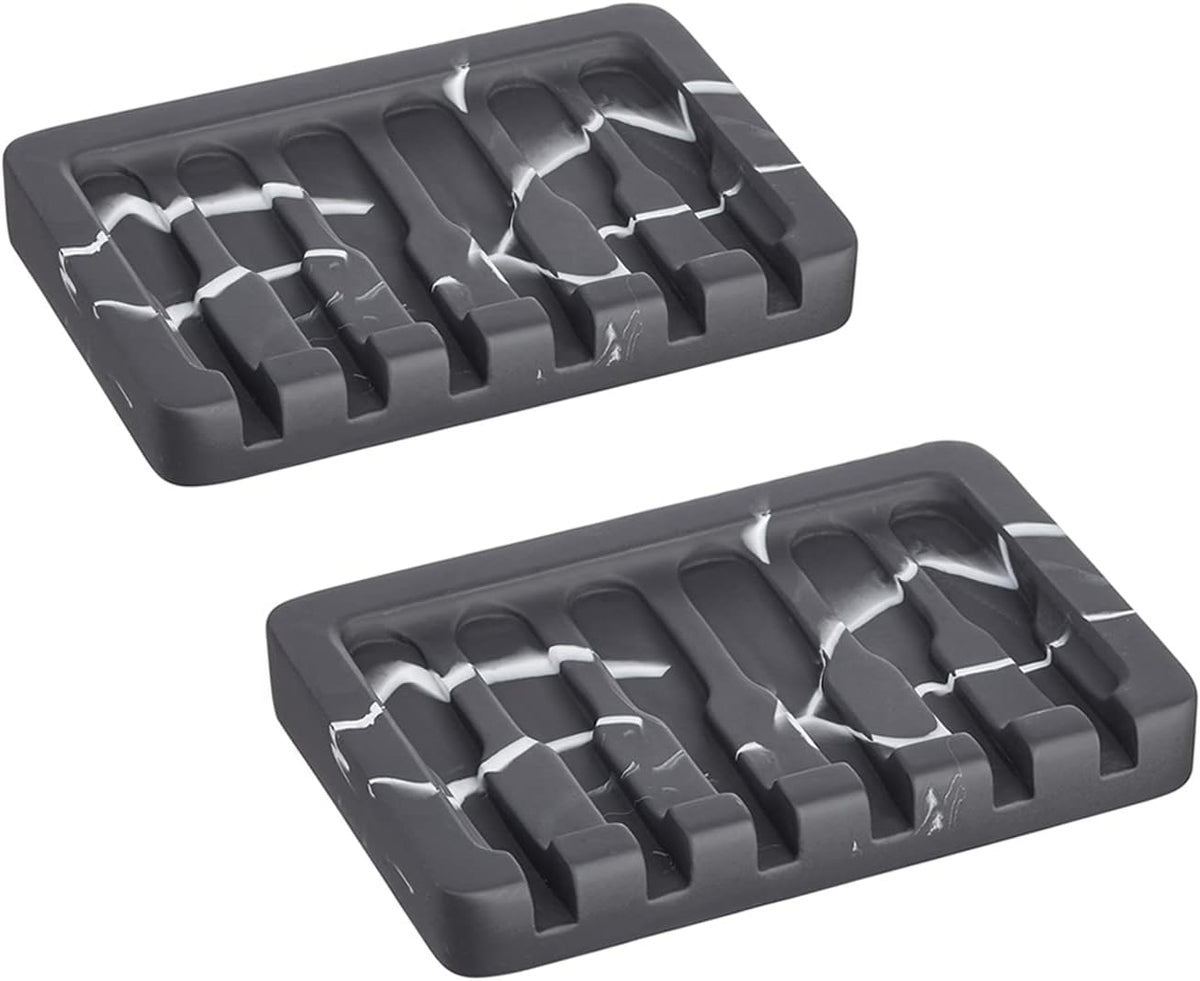 2PCS Self Draining Soap Dish - Marble Look Soap Holder Tray Savers Box Container Sponge Holder for Bathroom Shower Kitchen, Black