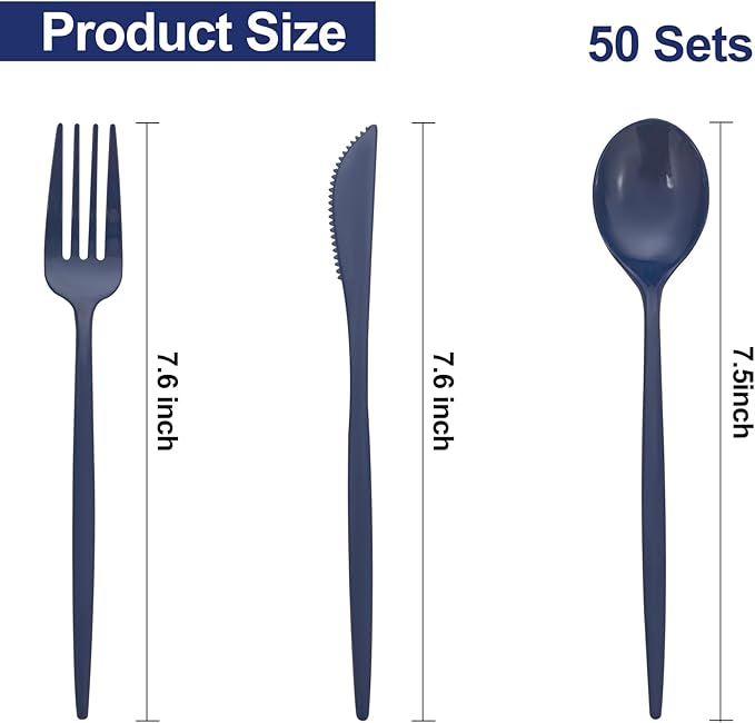 PULOTE 150PCS Blue Plastic Silverware Set - Plastic Cutlery Disposable - Heavy Duty Blue Plastic Utensils Include 50 Forks, 50 Knives,50 Spoons for Party&Wedding