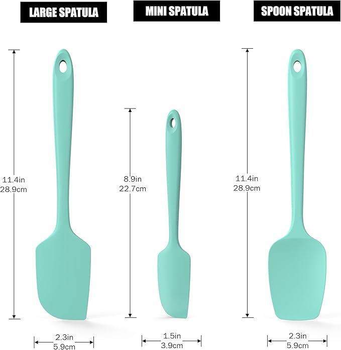 3-Piece Silicone Spatula Scrapers: Doosu 600°F Heat Resistant Food Grade Kitchen BPA Free Rubber Baking Cooking Tool Nonstick Utensil Set for Mixing, Scraping, Folding, Stirring, Serving (Aqua Sky)