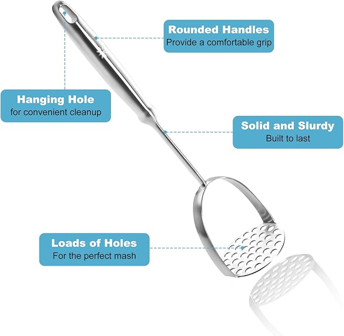 Potato Masher Stainless Steel - Mashed Potato Masher Kitchen Tool，Potato Smasher for Avocado, Tomato, Fruit & Vegetables, Pet Food, Heavy Duty Metal Bean Masher Utensil, Dishwasher Safe, 12.5-Inch