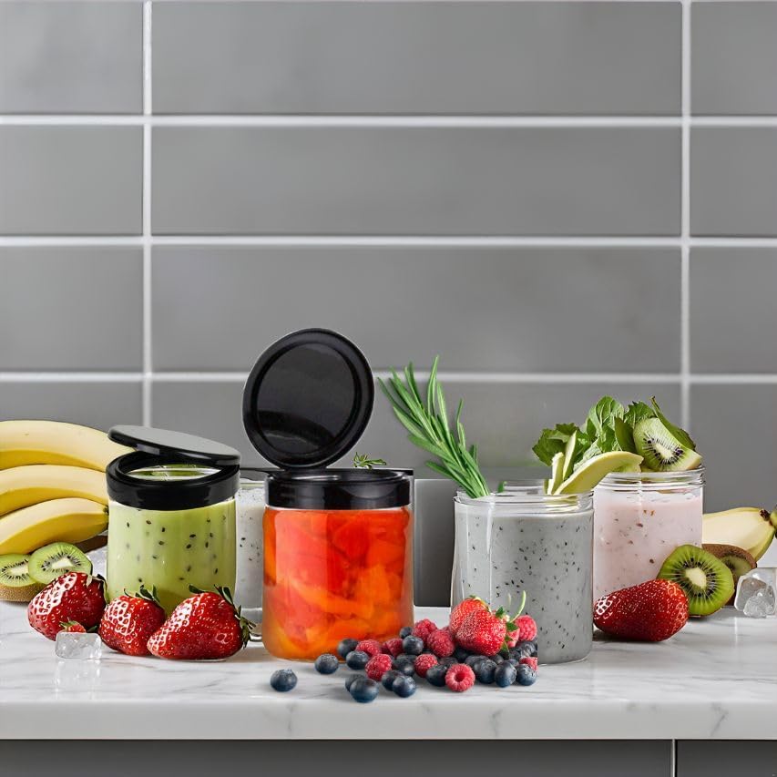 Jarming Collections Mason Jars - 16 oz Glass Extra Wide Mouth Pint Storage Jars with Black Flip Snap Lids - Made in USA