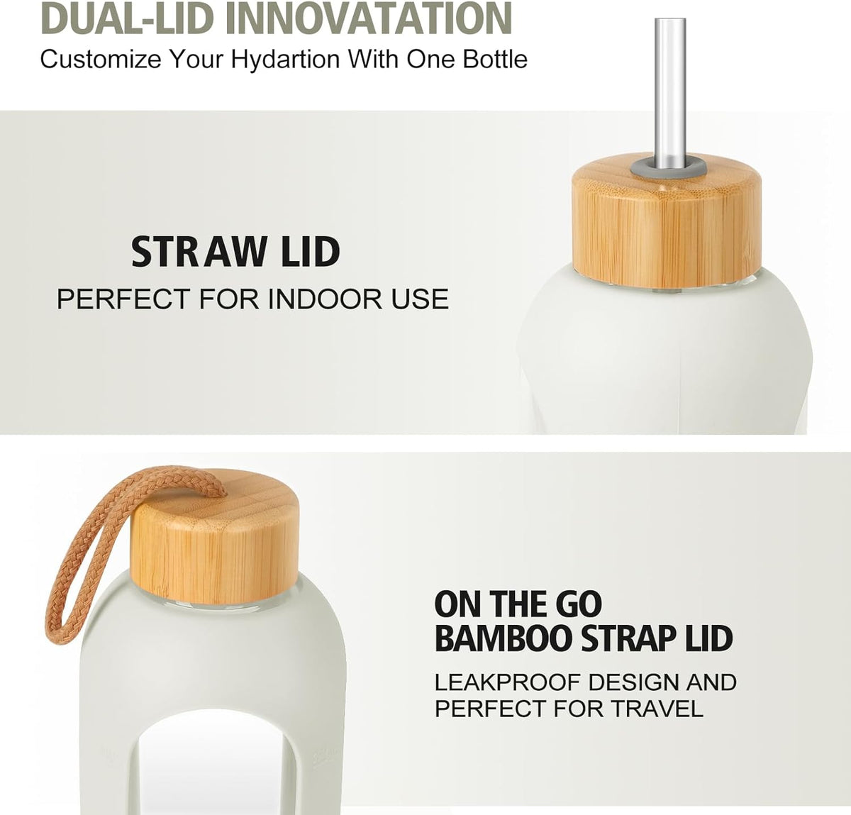 Glass Water Bottles 32 oz - Motivational Drinking Glass Water Bottle with Silicone Sleeve, Straw & 2 Bamboo Lids - 1 Liter Clear Borosilicate Daily Intake Tumbler with Time Marker - Cream