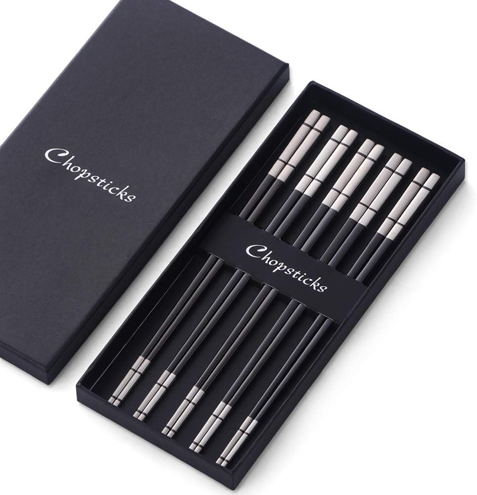 Buyer Star 5-Pair Black Stainless Steel Chopsticks - Metal Reusable Chinese Square Chopsticks