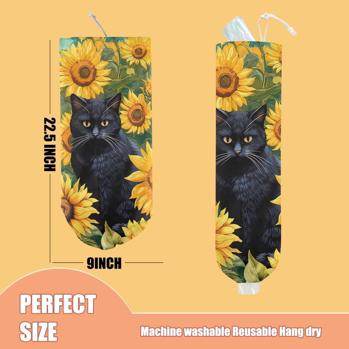 Sunflower Cat Plastic Bag Holder, Wall Mount Grocery Bag Holder, Plastic Storage bag, Pull Rope Free Adjustment, Plastic Bag Holders for Grocery Bags, Plastic Bag Dispenser for Home Kitchen