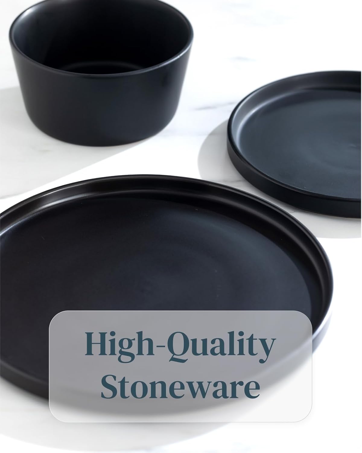 Matte Black Dinnerware Set - Ultra Chic Stoneware for 8-24pcs Plate Set - Dishwasher and Microwave Safe - Ceramic Plates and Bowls
