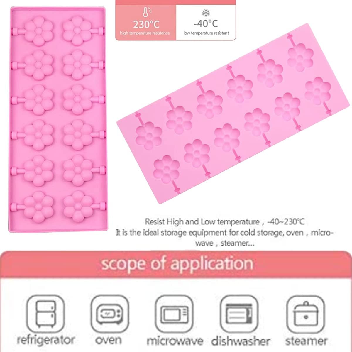 12 Capacity Silicone Lollipop Mold Set, Sucker Molds and Chocolate Hard Candy Mold with 50pcs Lollipop Sucker Sticks, Candy Treat Bags, Gold Ties. (Flower)
