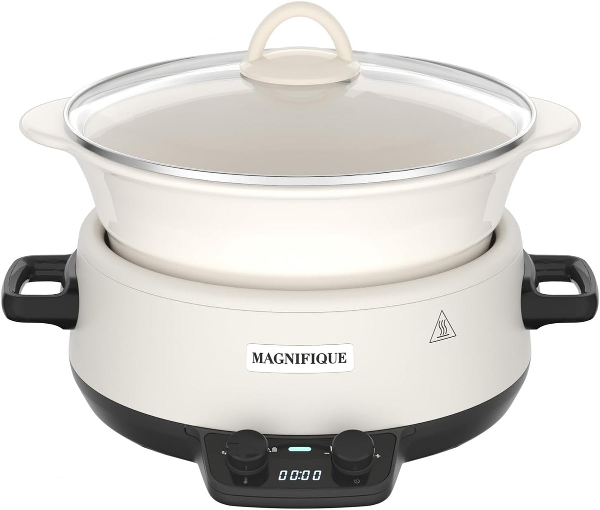 MAGNIFIQUE 5 Quart Programmable Slow Cooker with Auto Warm Setting, Glazed Ceramic Liner, Kitchen Small Appliance for Family Dinners, White