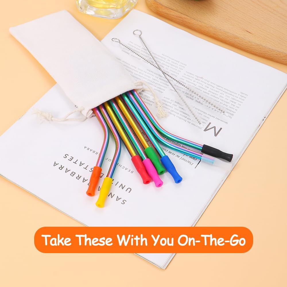 Lazycorner 16 Pcs Short Metal Straw, 6mm 5.5" 6.5" Kids Reusable Straw Silicone Tips Cleaner, Mini Small Stainless Steel Straws Fit 8 10 12 oz Tumbler/Wine Tumblers, Reusable Cocktail Straws(Rainbow)