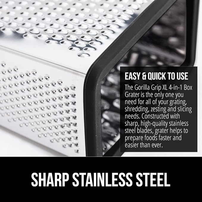GORILLA GRIP XL 4-Sided Cheese Grater With Container, 100% BPA-Free Stainless Steel Box Graters, Parmesan Shredder, Grate Cheeses, Shred Veggies, Slip Resistant Handle, Dishwasher Safe Zester, Black