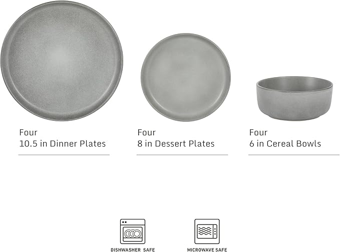 Gibson Elite Pasco 12 Piece (Service for 4) Plates and Bowls Reactive Glaze Dishes Stoneware Ceramic Dinnerware Set - Grey