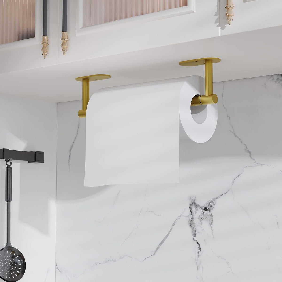 Ruacq Brushed Gold Paper Towel Holder Double Post Pivoting Round Base Under Cabinet Paper Towel Holder for Kitchen Self-Adhesive or Drill mounting