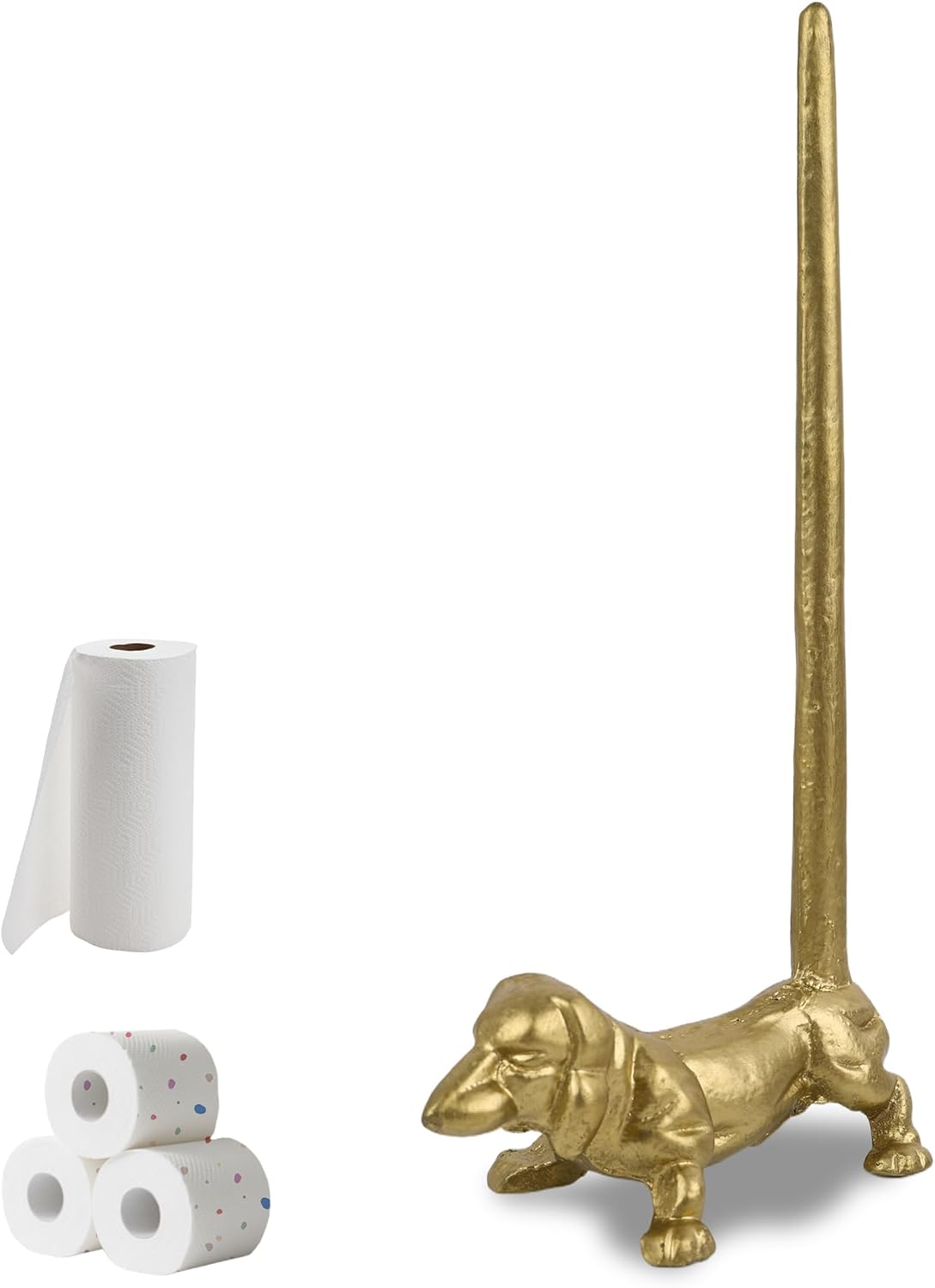 Gold Dog Paper Towel Holder for Kitchen & Bathroom - Decorative Cast Iron Free Standing Paper Roll Stand with Heavy Base, Slim Design Counter Organizer for Home, Apartment & Office