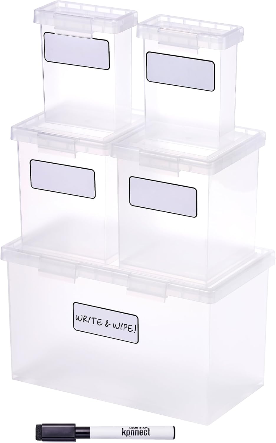 Bostitch Konnect Storage Containers with Lids, Organizer, Clear Plastic Box, Stackable Nesting Bins, 5-Piece Bundle, 1 Large, 2 Medium, 2 Small