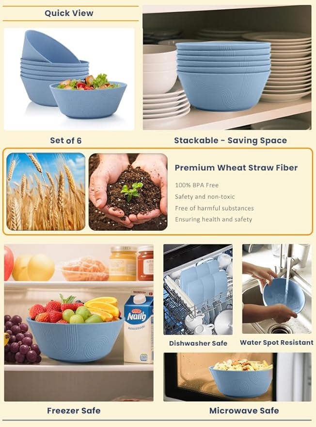 Homienly Alternatives Plastic Bowls - Cereal Bowls 36oz, Wheat Starw Bowl Set of 6, Microwave and Dishwasher Safe Bowls,Soup Bowl Sets for Kitchen,Serving Soup,Salad (Sky Blue)