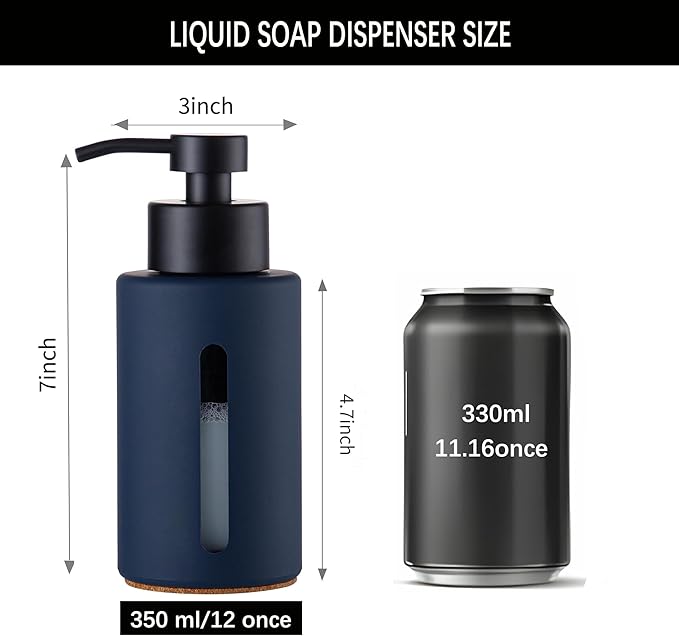 Enra Glass Hand Soap Dispenser,12oz Navy Blue Liquid Bathroom Soap Dispenser with Stainless Steel Lotion Pump for Bathroom Kitchen (Blue)