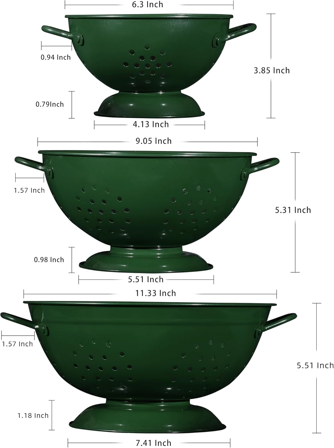 Metal Colander Set of 3, Strainer Basket with Handles perfect for Spaghetti, Pasta, Berry, Vegetable, Fruit, Solid Base Powder Coated Kitchen Essential Strainer Set, 1 & 3.5 & 5 Qt (Dark Green)