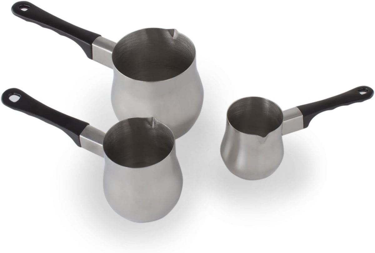 Imperial Home Turkish Coffee Pot Warmer Set, Stainless Steel Tea Pot, Espresso Warmer for Stovetop, Milk Frother, Butter Maker, Mini Melting Pot, Coffee Decanter & Carafe, 3 Pot Set