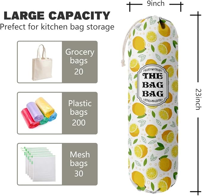 The Bag Grocery Holder, Lemon Organizer for Shopping Bags, Wall Mount Plastic Storage Container Dispenser, Kitchen Gifts for Women Family Friends Grandma Mom (C-2)