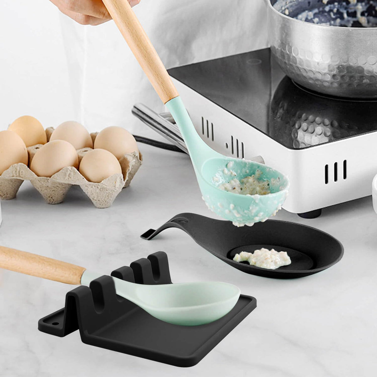 Kitchen Silicone Utensil Rest with Drip Pad-BPA-Free Heat-Resistant Spoon Rest for Stove Top - Spoon Rest for KitchenCounter - Kitchen Gadgets &Grill Utensil Holder-Black 3 Pcs
