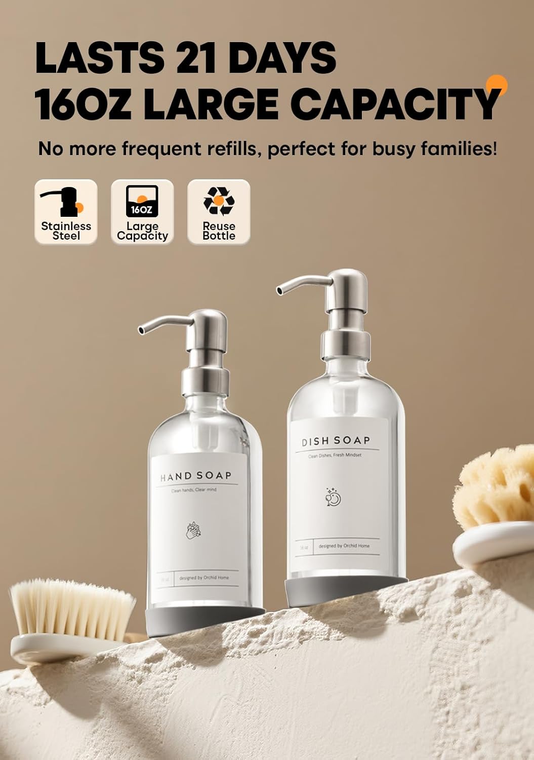 Kitchen Soap Dispenser Set with Drying Tray – 16oz Glass Bottles with Stainless Steel Pumps, Sink Organizer Caddy with Brush Holder & Non-Slip Feet – All-in-One Dish & Hand Soap Station