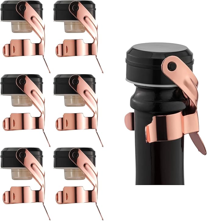 WOTOR Champagne&Wine Bottle Stoppers Stainless Steel with Food Grade Silicone, Leak Proof Keep Fresh Reusable Saver, Cork Suitable for Wine, Champagne, Cava, Prosecco and Sparkling (6 Pack Rosegold）
