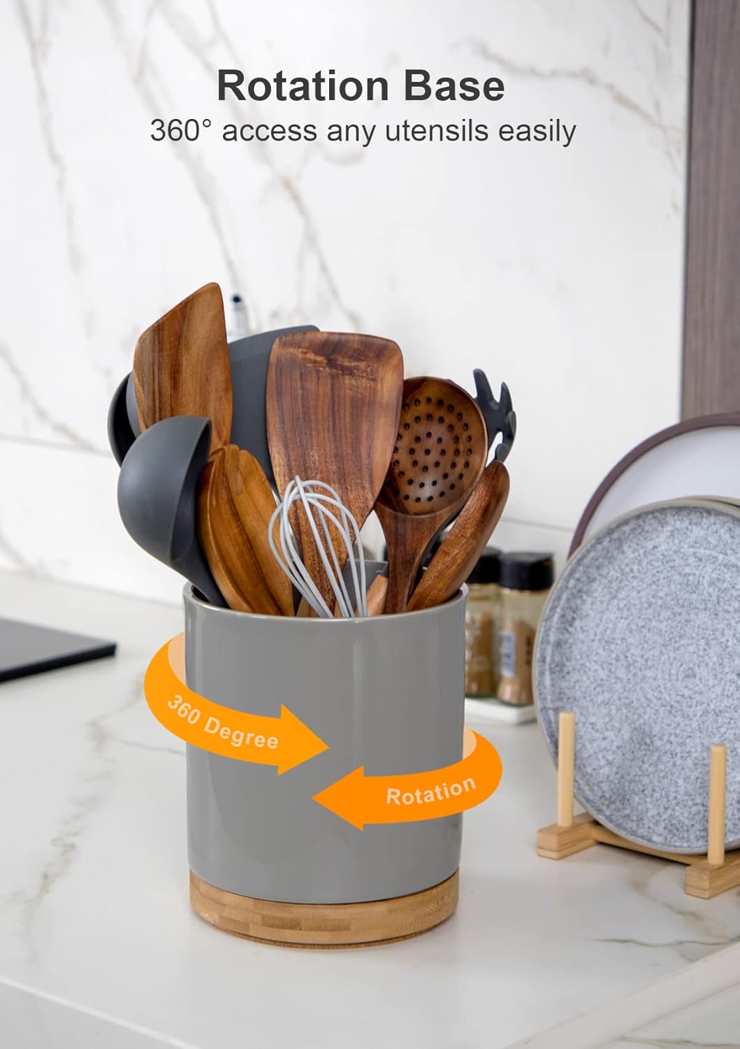 Nucookery 360° Rotating Utensil Holder, 7.2" Large Utensil Crock, White Ceramic Cooking Utensil Organizer with Countertop-Protection Cork Bottom for Farmhouse Kitchen Decor Gift (Gray)