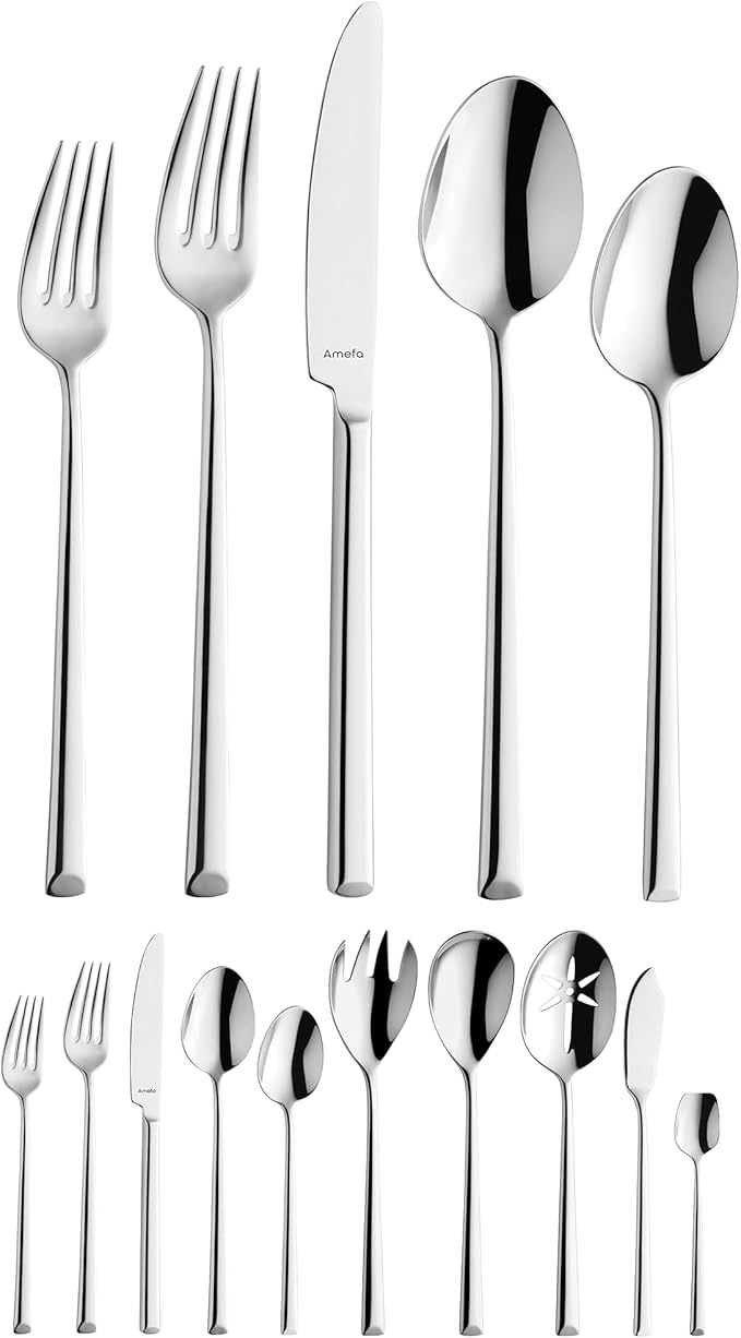 Amefa 45-Piece Silverware Flatware Cutlery Set Service for 8, Durable 18/10 Stainless Steel High Gloss Mirror Finish, tableware in Ergonomic Design Size and Weight, Dishwasher Safe (Metropole)