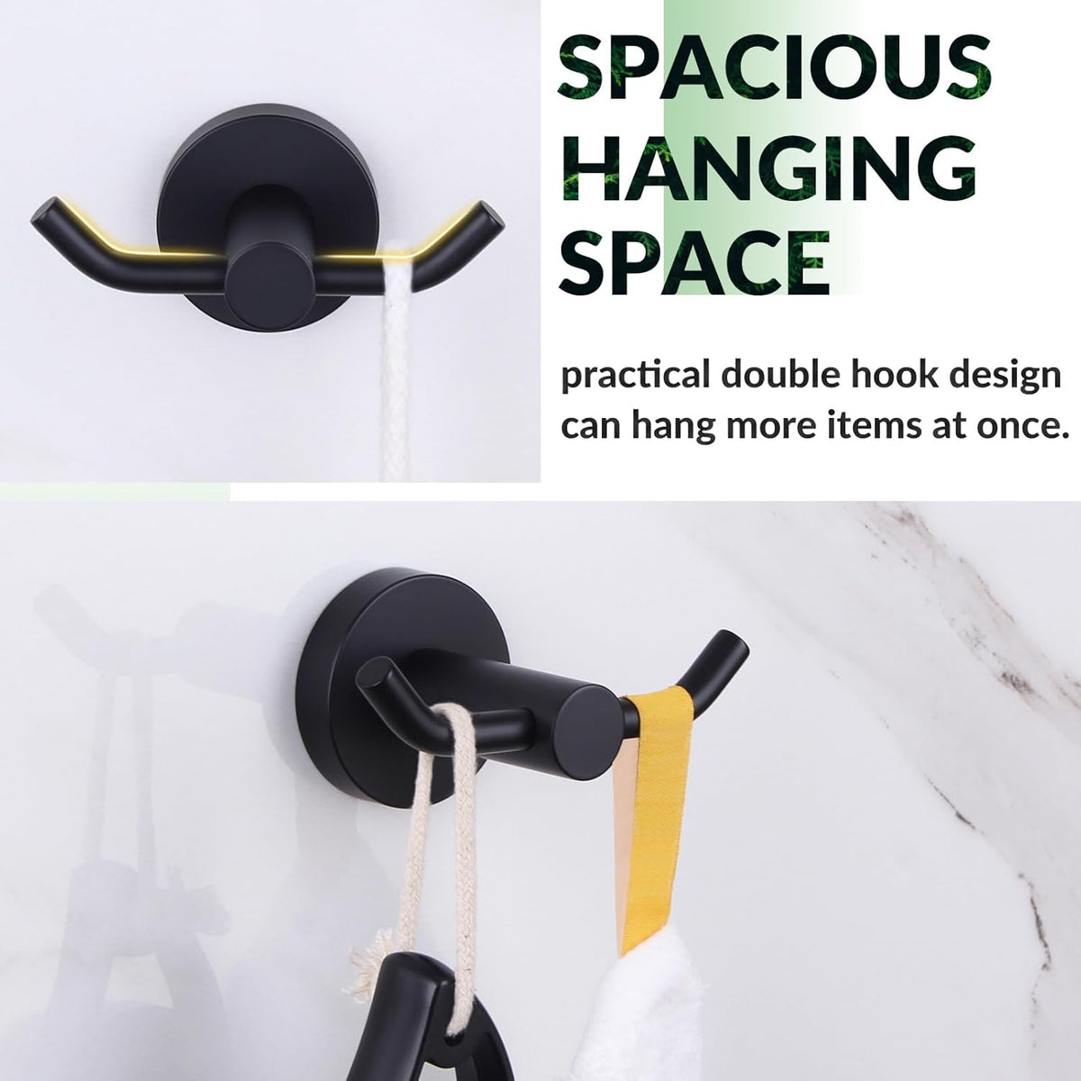 APLusee Double Bath Towel Hook, Premium Stainless Steel Coat Holder, Modern Bathroom Kitchen Storage Hanger Wall Mounted, Matte Black