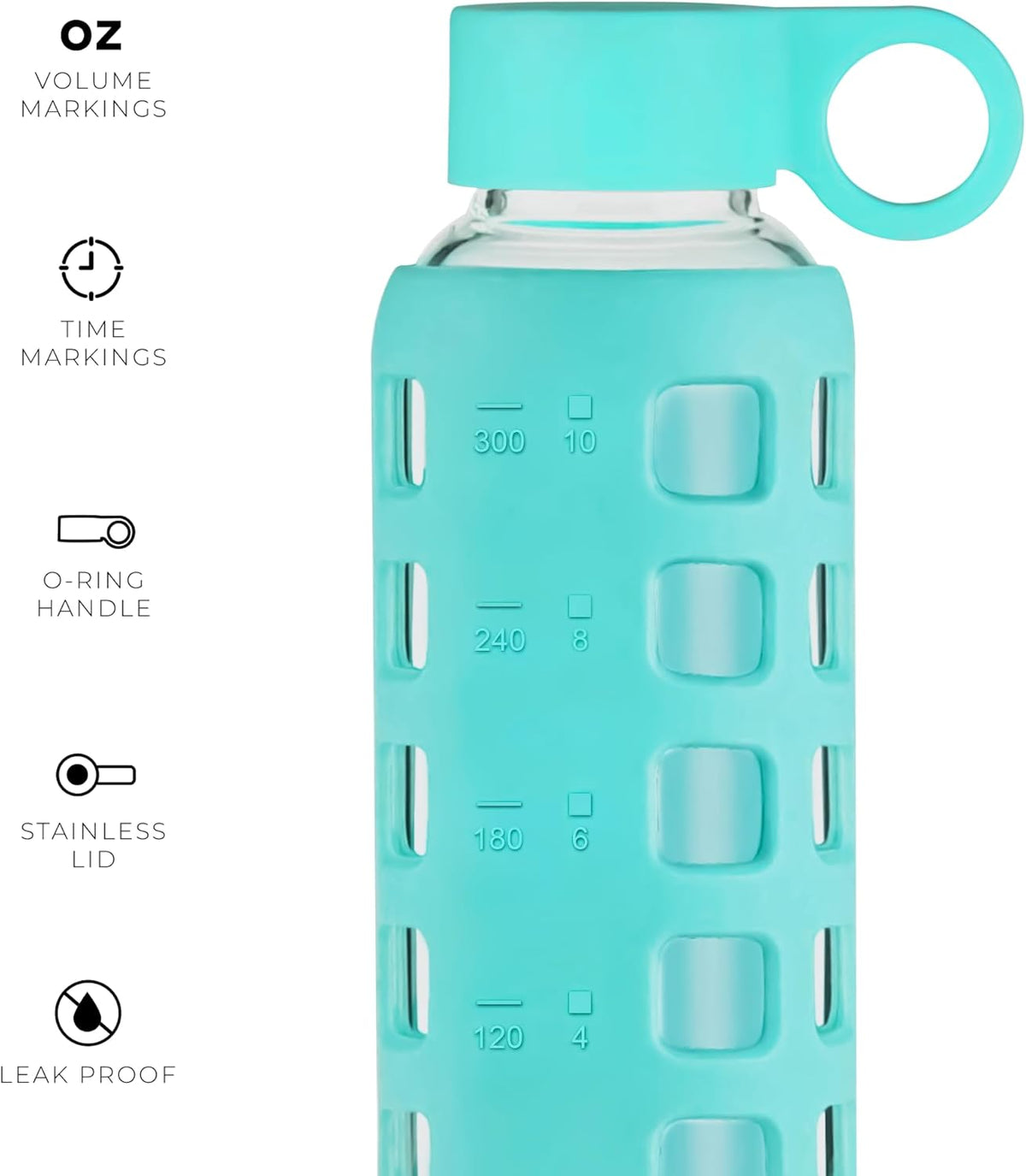 purifyou 40oz / 32oz / 22oz / 12oz Borosilicate Glass Water Bottle with Time & Volume Markers, Silicone Sleeve, Stainless Steel Lid – Reusable Glass Bottle for Water & Juice (12oz Aqua Blue)