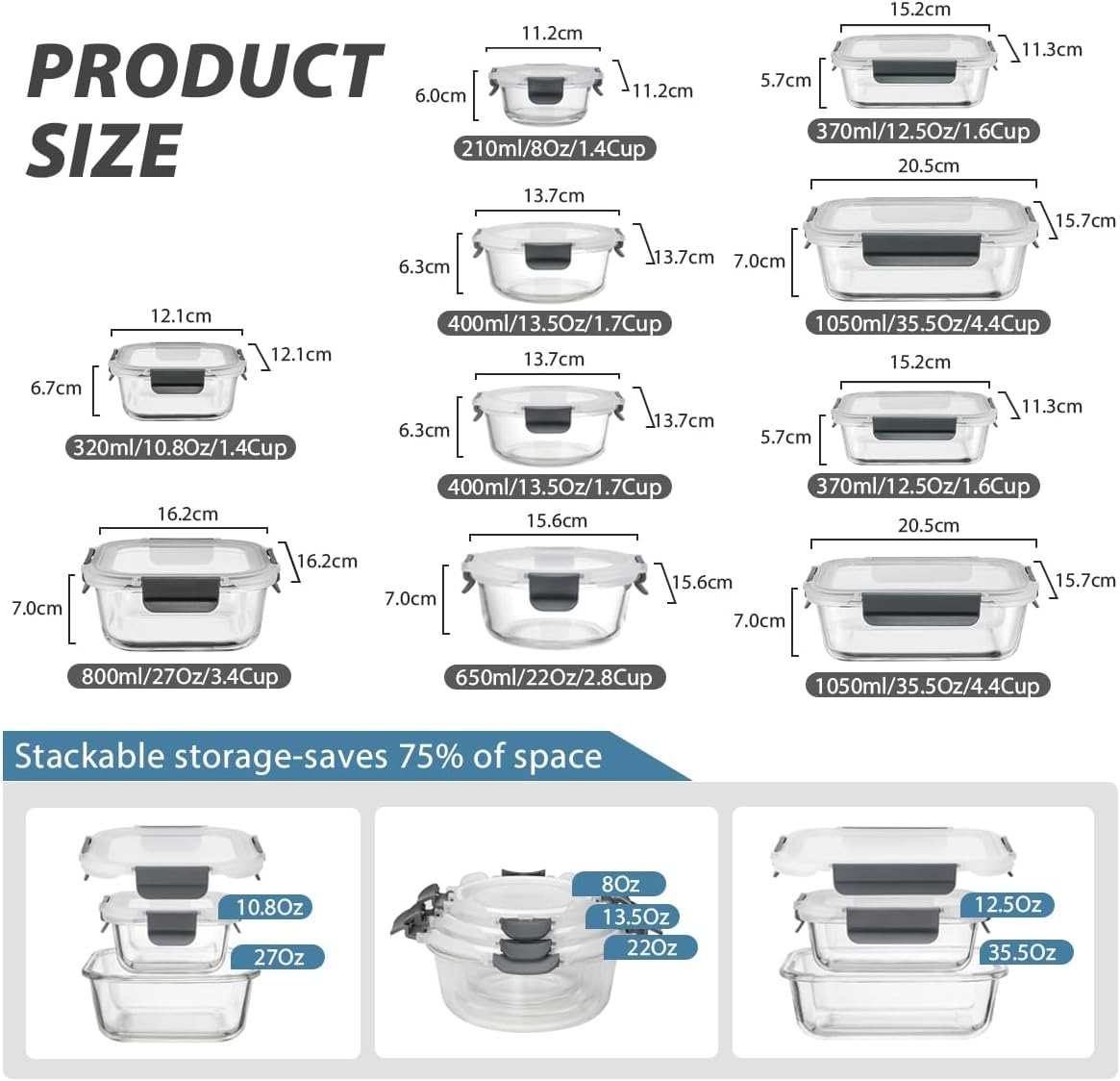 GENICOOK GC [10-Pack] Glass Meal Prep Containers with Lids, Food Storage Containers with Snap Locking Lids, Airtight Lunch Containers, Microwave, Oven, Freezer and Dishwasher