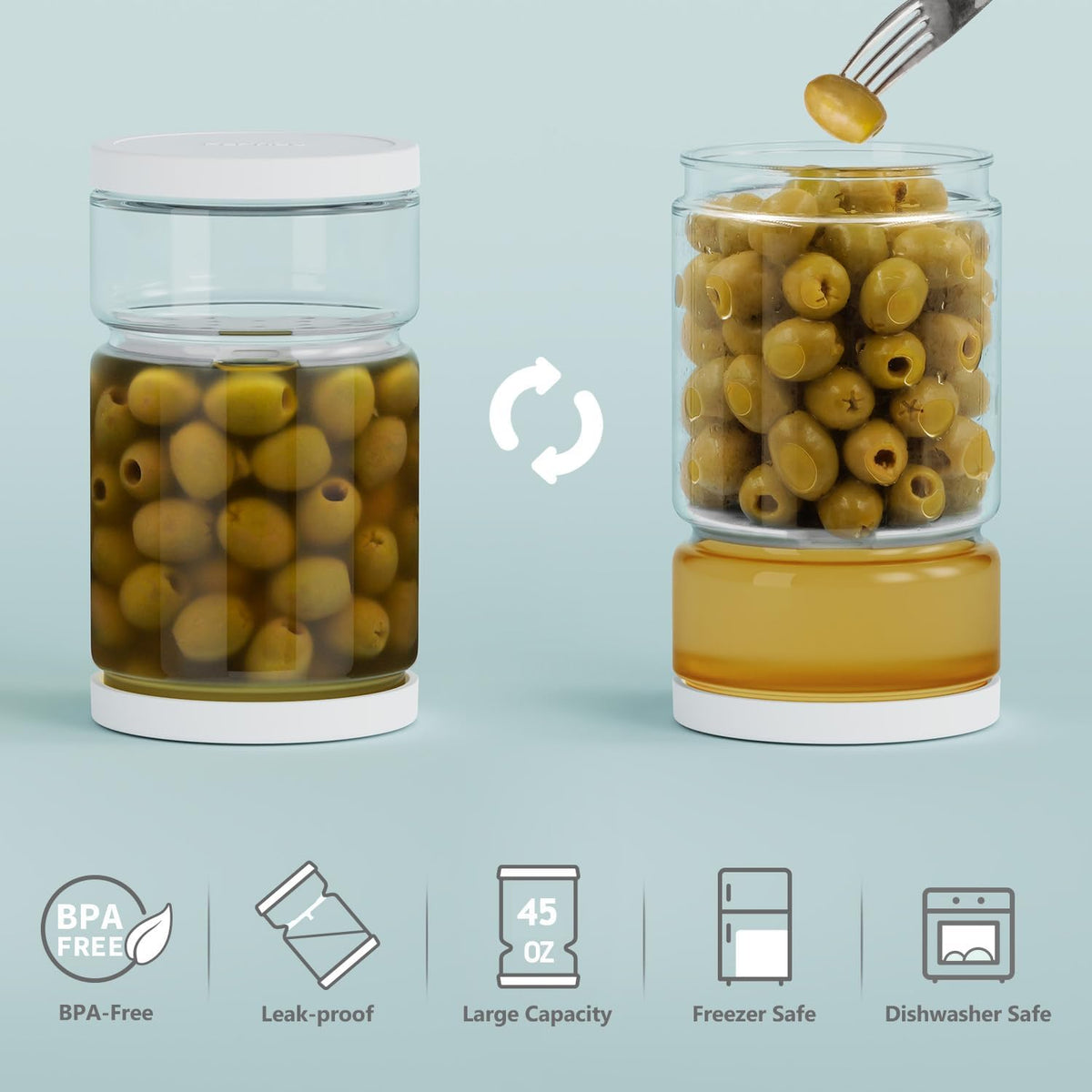 Glass Pickle Jar with Strainer Flip for Pickle Lover - 45OZ Leakproof Airtight Juice Separator for Olive, Gherkin or Chilli, BPA Free, Dishwasher and Refrigerator Safe (White, 45 oz*1 pack)