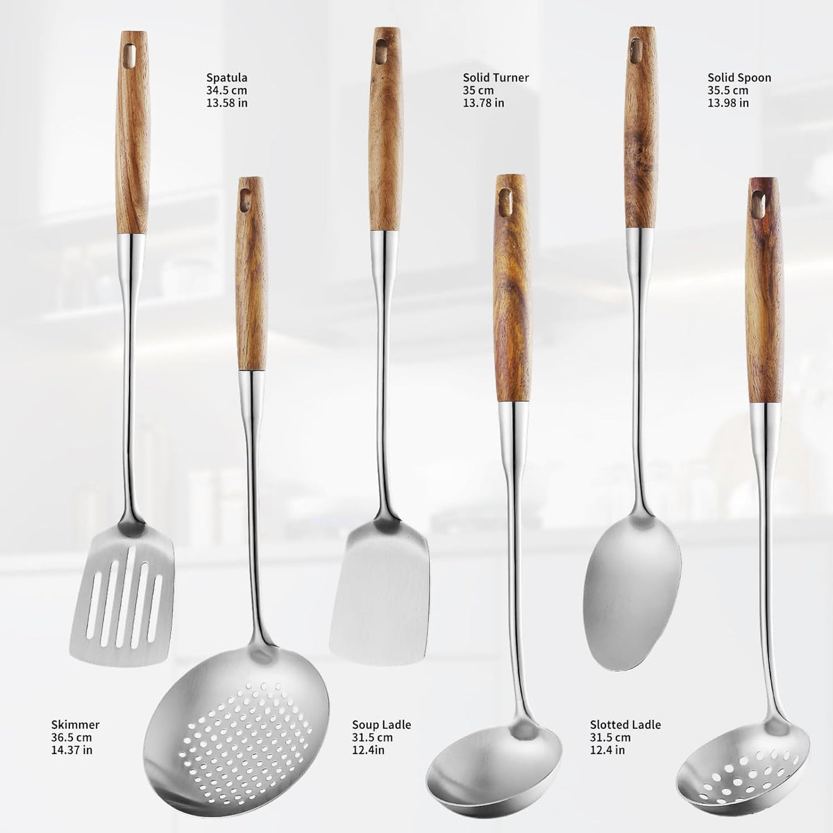 Lazycorner 304 Wooden Handle Stainlss Steel Kitchen Utensils Set 6 Pcs Cooking Utensils Set Heat Resistant Wooden Handle Kitchen Tools, Stainless Steel Wok Spatula