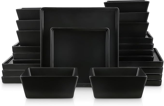 Stone Lain 24 Pieces Stoneware Square Dinnerware Set, Black Matte