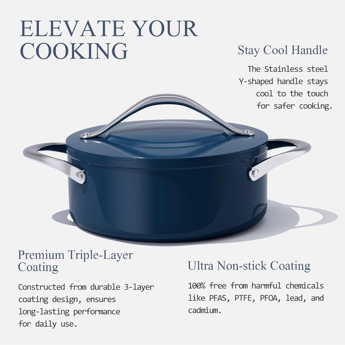 Stock Pot 4.5qt Dutch Oven with Lid (9.5") Nonstick Ceramic Coated Non-Toxic PFAS-Free Even Heat Distribution for Braising, Baking Bread & Soups, Compatible for All Cooktops(Induction/Gas/Electric) Oven Safe to 500°F (Navy Blue)
