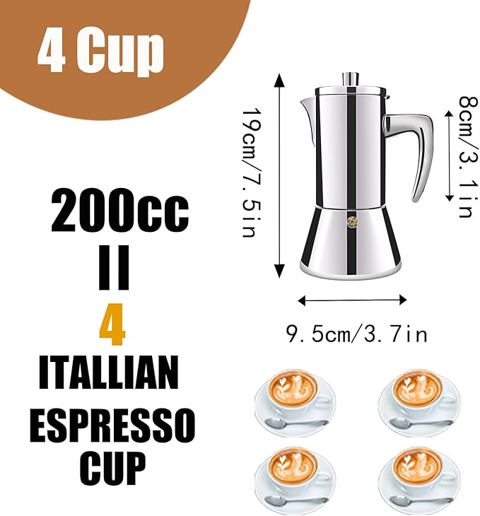 4 Cup Thickened 304 Stainless Steel Moka Pot Stovetop Espresso Maker Cafeteras Italian Percolator Espress Makers Capable Greca Mocha Coffee Machine for Induction Home and Camping 200ml 6.6oz