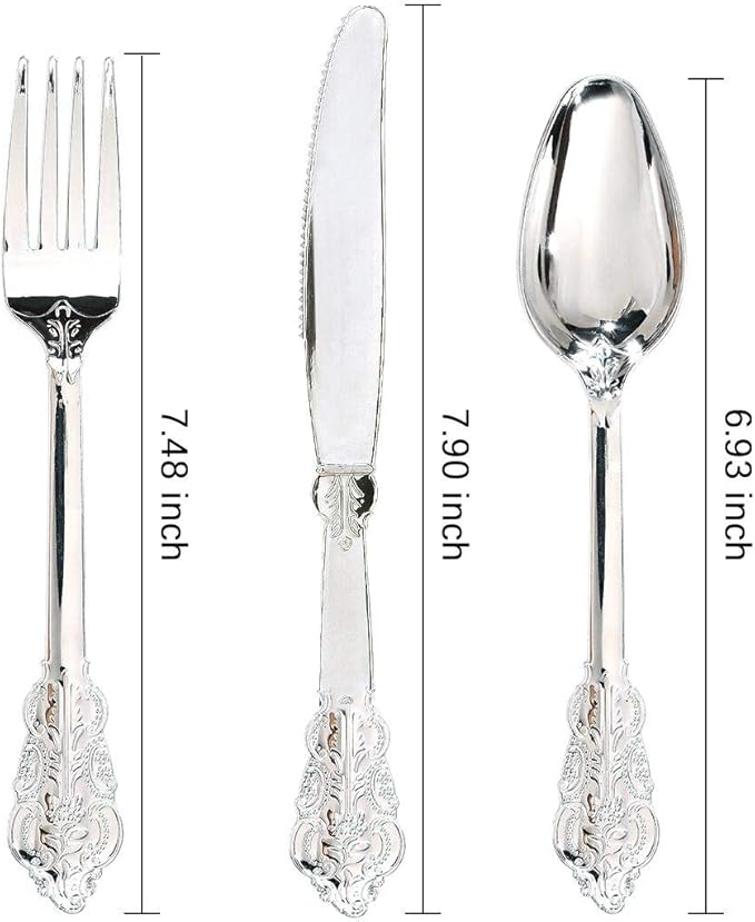 WDF 360 Pieces Silver Plastic Silverware- Disposable Flatware - Heavyweight Plastic Cutlery- Includes 120 Forks, 120 Spoons, 120 Knives for Christmas