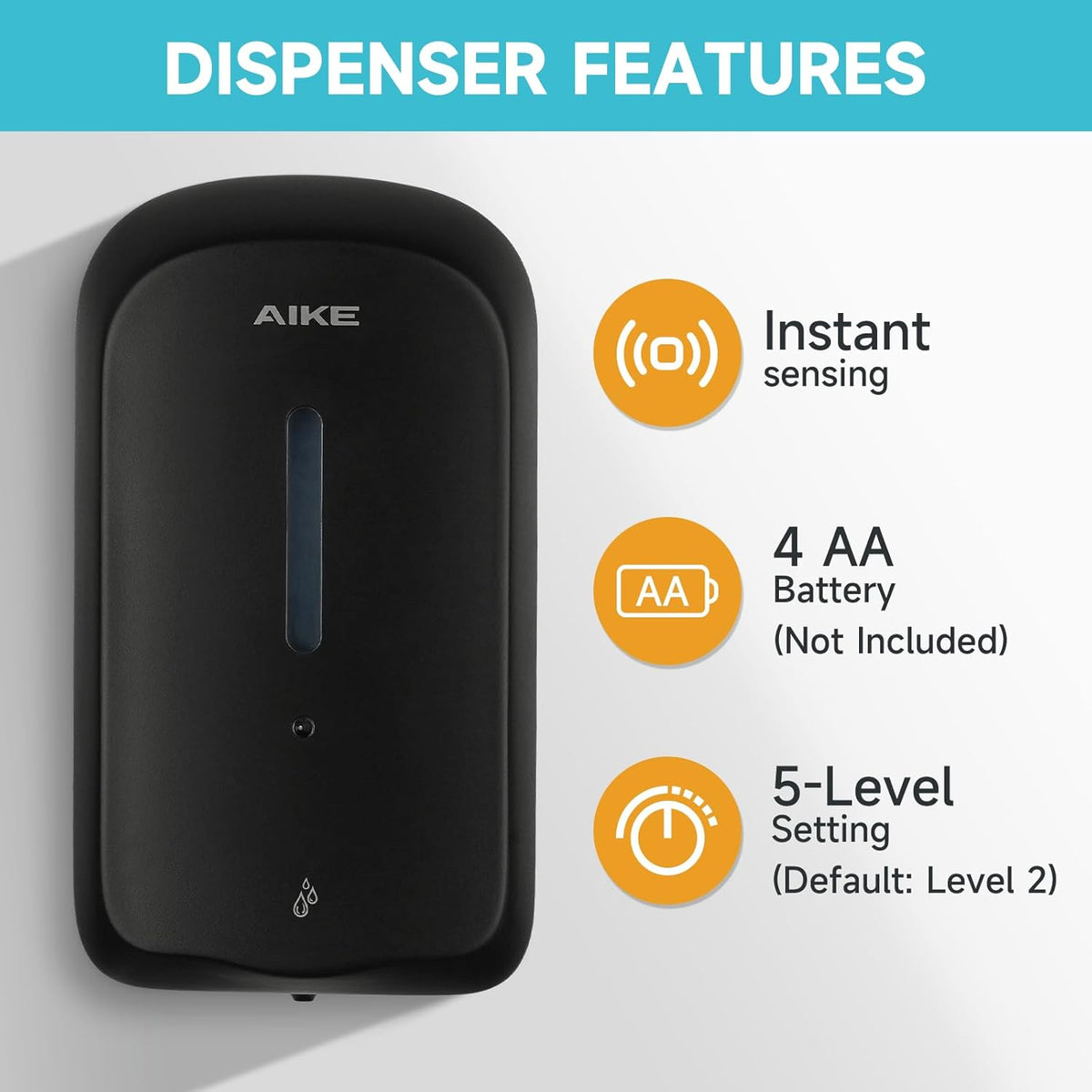 AIKE 33.8oz Automatic Wall Mount Liquid Soap Dispenser with Commercial ABS Construction, Model AK1226S(Black)