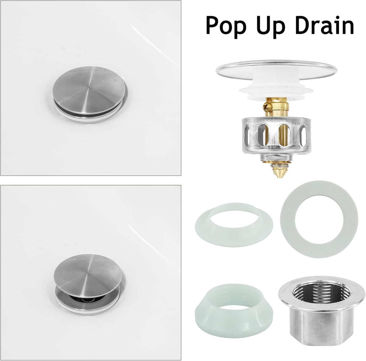 Bathroom Sink Drain,2 Pack Drain Stopper with Overflow,Pop Up Drain Assembly with Detachable Strainer Basket,Built-in Anti-Clogging, Stainless Steel Nut Brushed Nickel