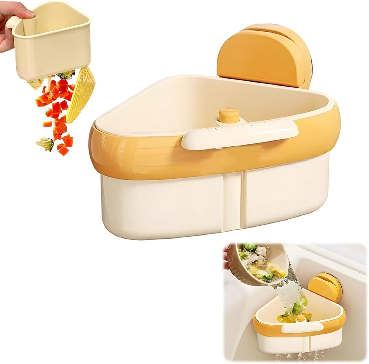 Upgraded Suction Cup Sink Corner Rack, New Press Corner Sink Strainer, Automatic Dumping Sink Strainer Basket, Triangle Storage Rack with Drain Hole, Corner Sink Trash Catcher for Food Waste (Yellow)