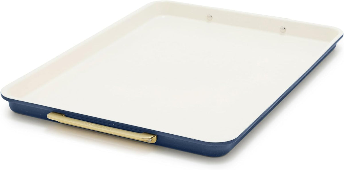 GreenPan Bakeware 13"x18" Half Baking Sheet Pan, Ceramic Nonstick Baking Pan, PFAS & BPA Free, Gold Handles, Durable Steel, Versatile & Space Saving Ovenware, Freezer to Oven Dish, Oxford Blue