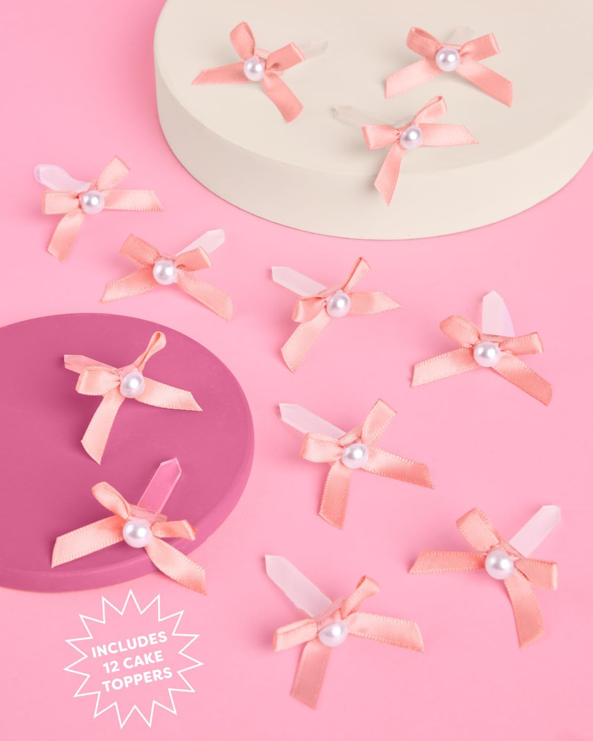 xo, Fetti Mini Pink Bow + Pearl Cake Toppers | 12 pcs | Bachelorette Party Decoration, Birthday Candle Accessory, Engagement Dessert Decor, Bridal Food Supplies