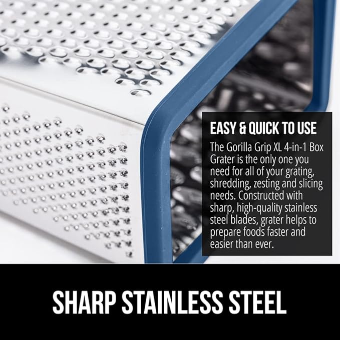 GORILLA GRIP 4-Sided 100% BPA-Free Cheese Grater With Container, Stainless Steel XL Box Graters, Parmesan Shredder, Grate Cheeses, Shred Veggies, Slip Resistant Handle, Dishwasher Safe Zester, Blue