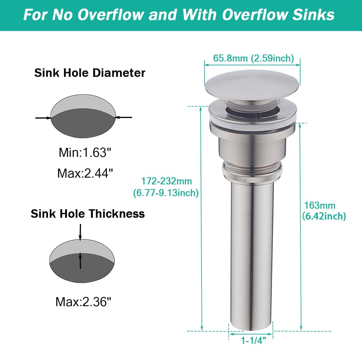 Bathroom Sink Drain With Overflow and Without Overflow Vessel Sink Lavatory Vanity Dual Use Pop Up Drain Stopper,All Metal Rustproof Brass and 304 Stainless Steel,Brushed Nickel
