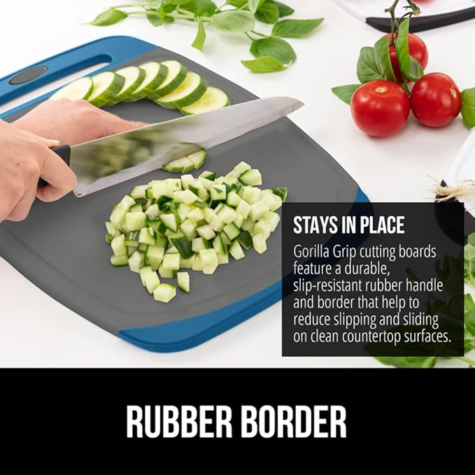 GORILLA GRIP BPA-Free Reversible Kitchen Cutting Board Set of 3, US Designed, Nonporous, Juice Grooves Catch Liquid, Slip Resistant Border, Dishwasher Safe, Durable Food Chopping Boards, Blue Gray