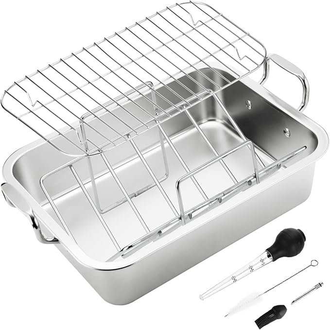 15 Inch Stainless Steel Roasting Pan with V-Shaped Rack and Turkey Baster - Rectangular Roaster for Turkey, Chicken, Vegetables - Fits 20lb Turkey